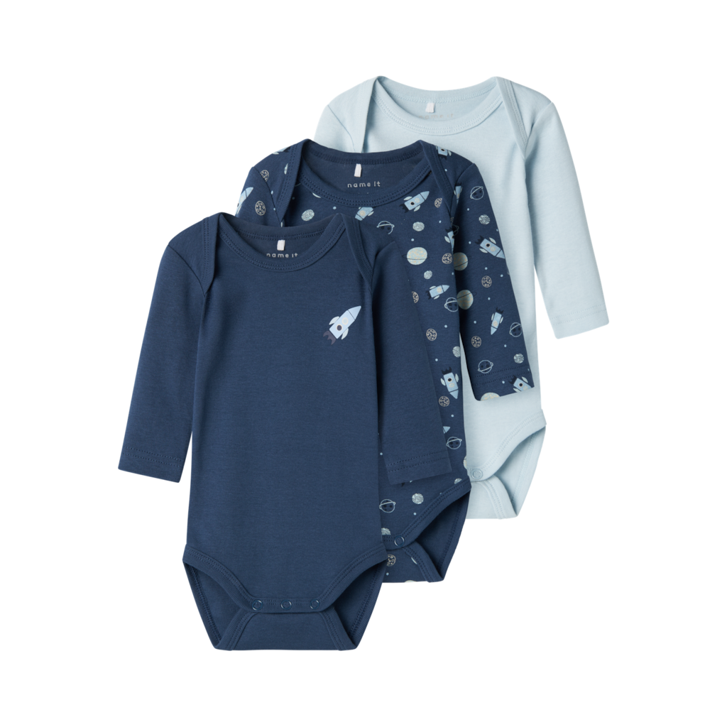 Name It 3-pak langærmet body i mørk denim