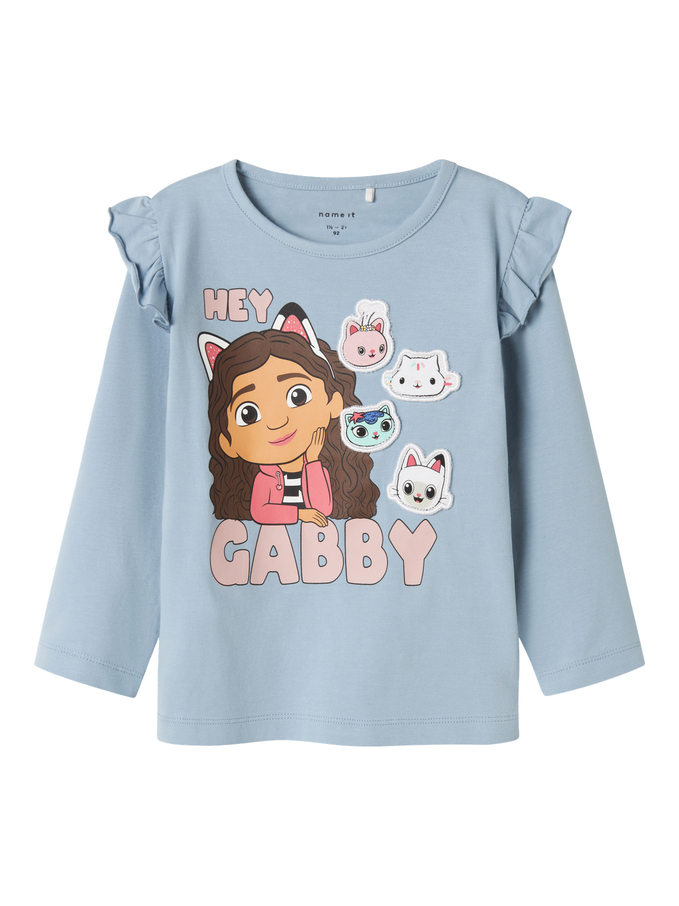 Sød Langærmet Bluse med Gabby Kat Print - Dusty Blue