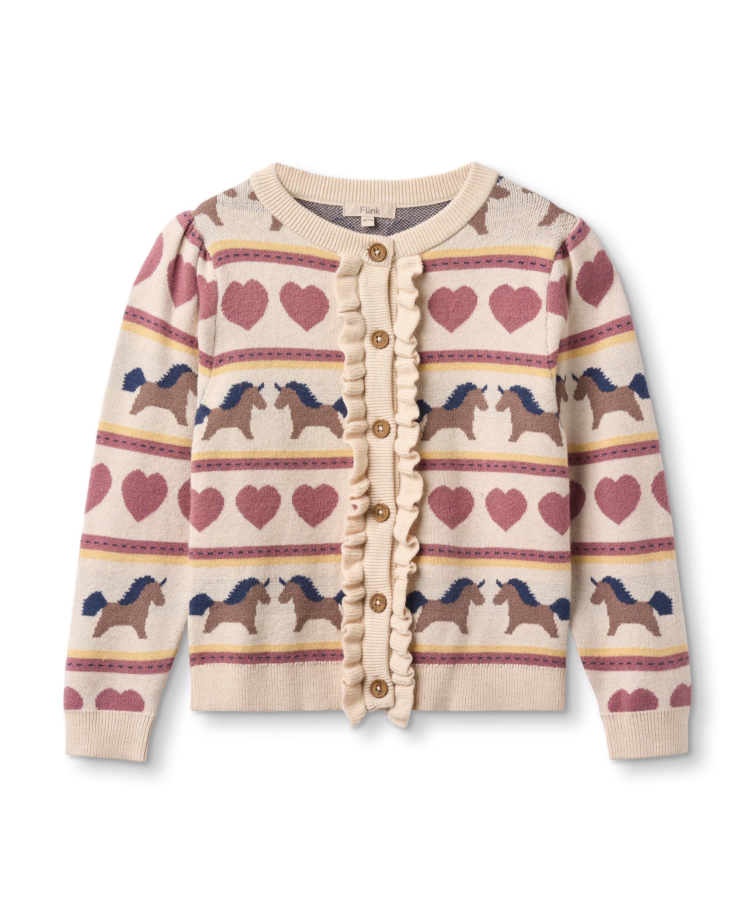 Fliink Kino Cardigan med Hjerter og Heste – Sandshell