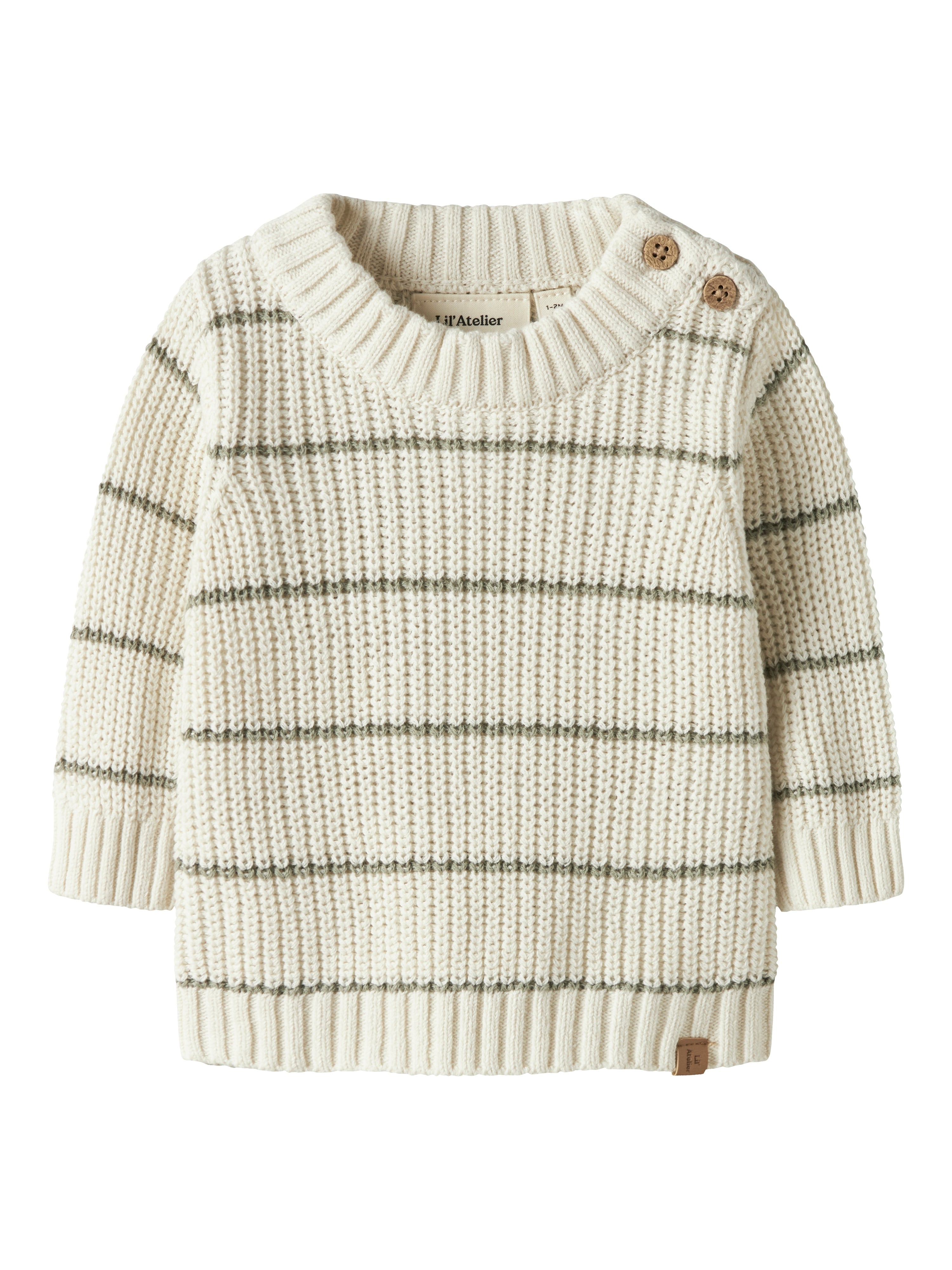 Lil Atelier Emlen Strikbluse med Grønne Striber - Kokosmælk
