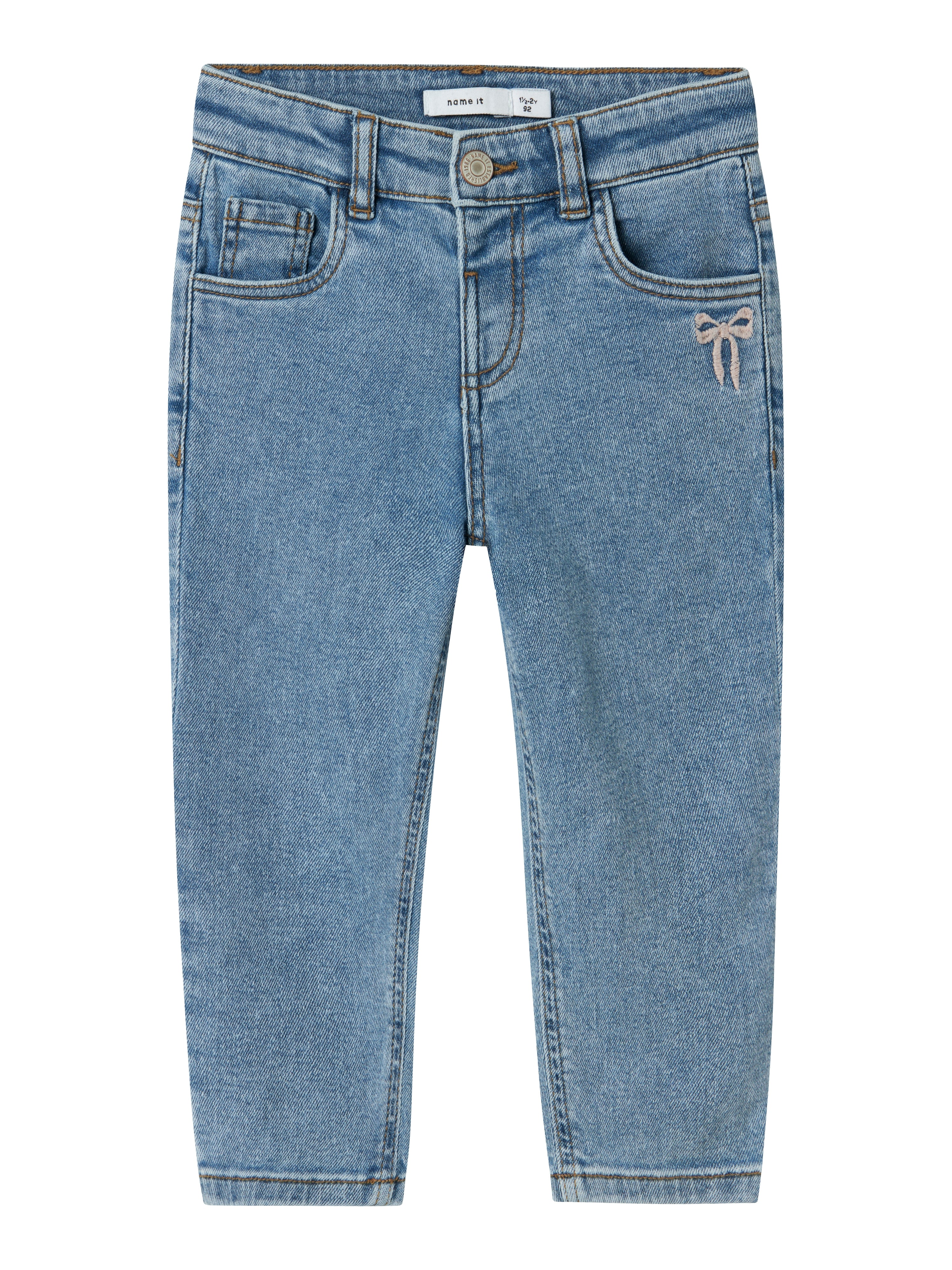 Name It Bella Mom Jeans – Mellemblå med Sløjfe Broderi