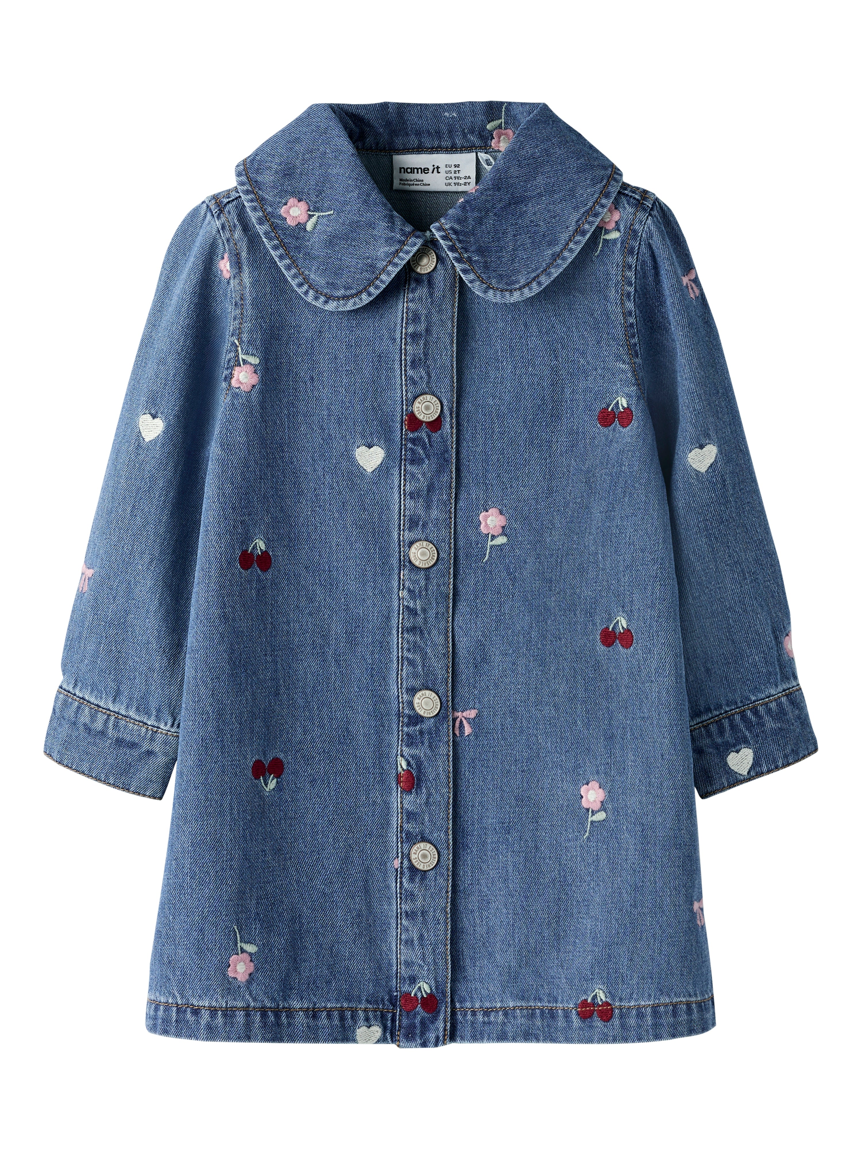 Name It Emily - Ls Emb Denim Dresss - Medium Blue Denim -   Cm
