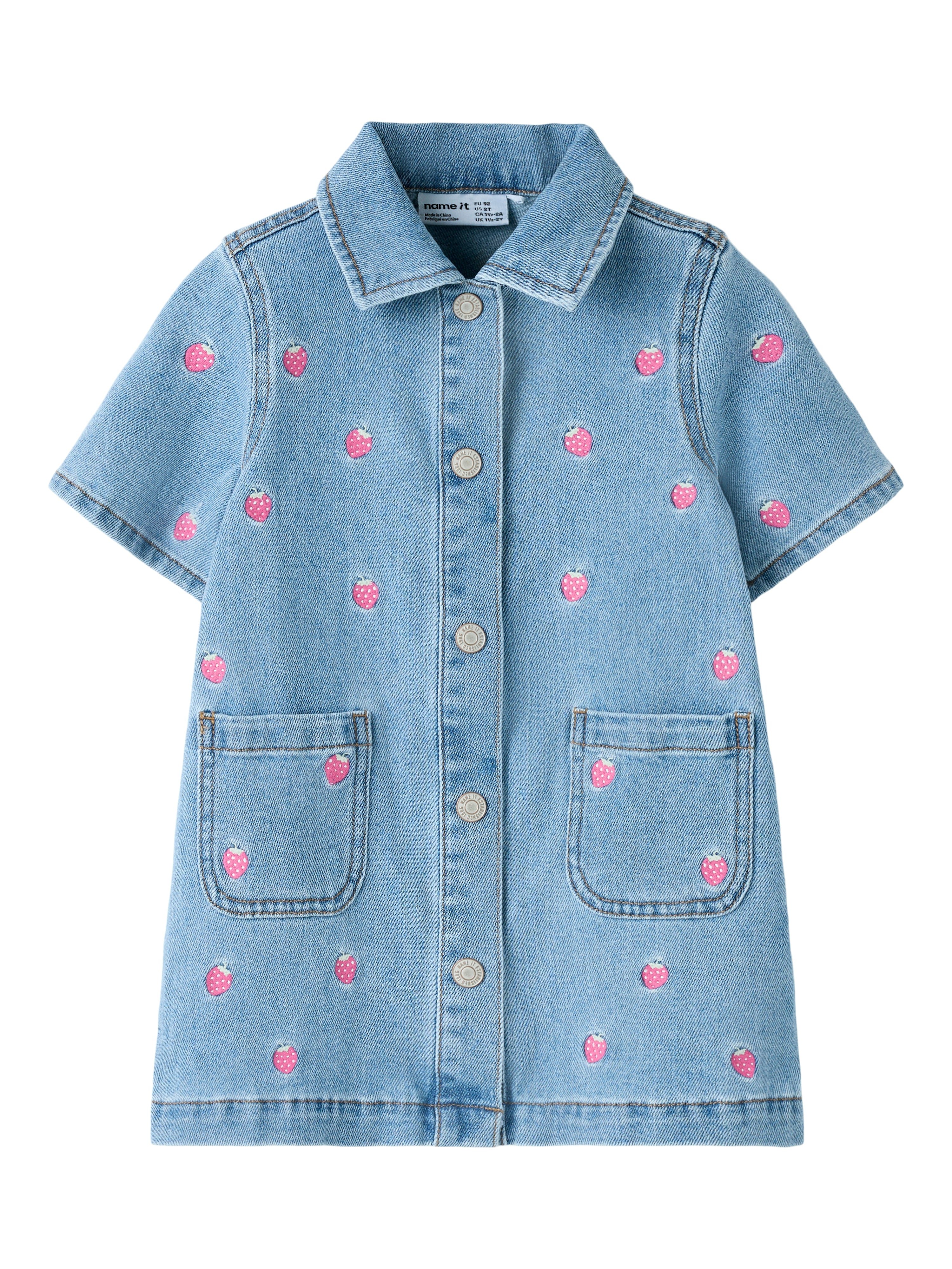 Name It Laila - Ss Emb Dress - Light Blue Denim Strawberry -   Cm