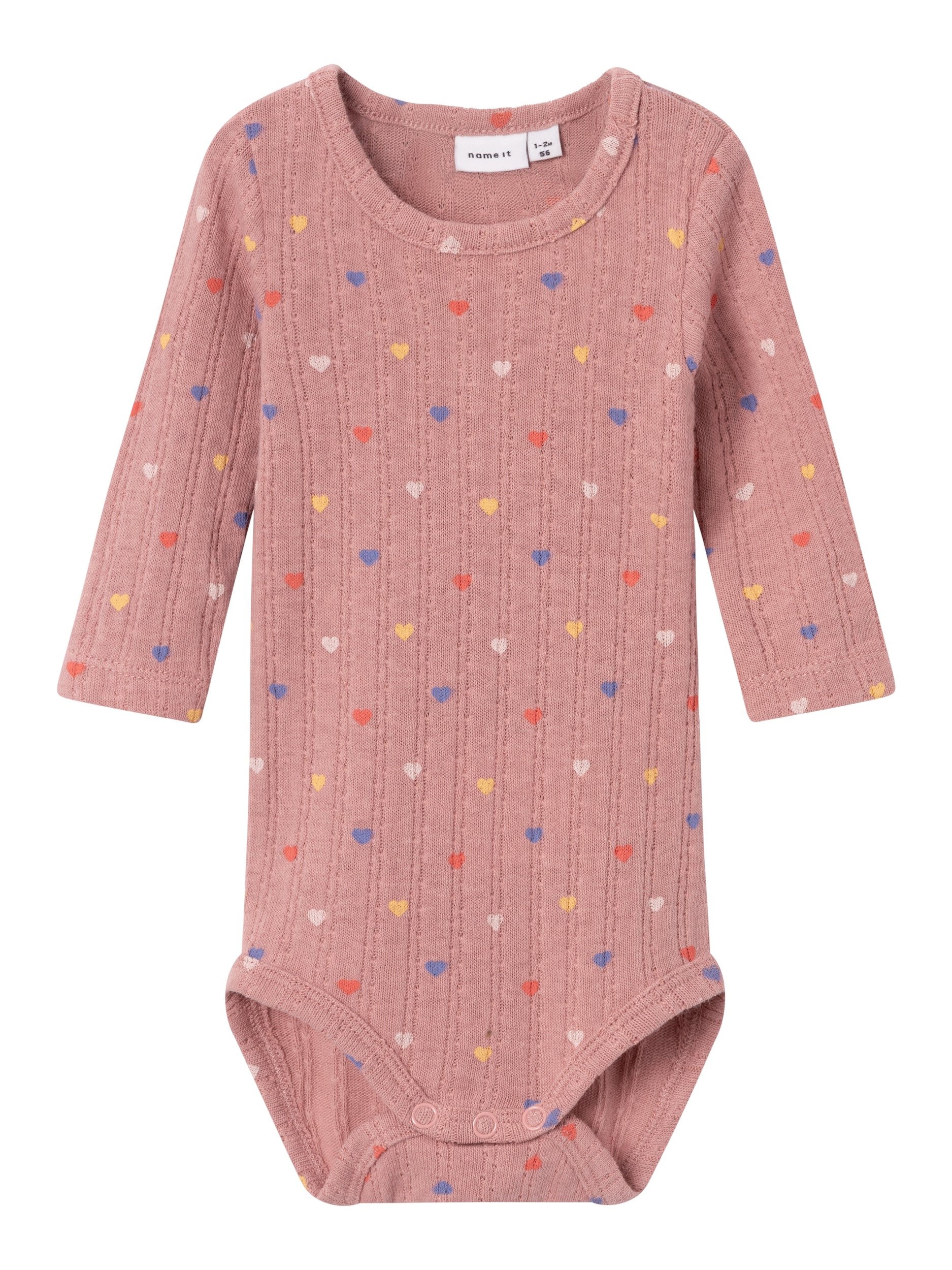 Sødt hjerteprint baby body i Ash Rose – perfekt til små børn