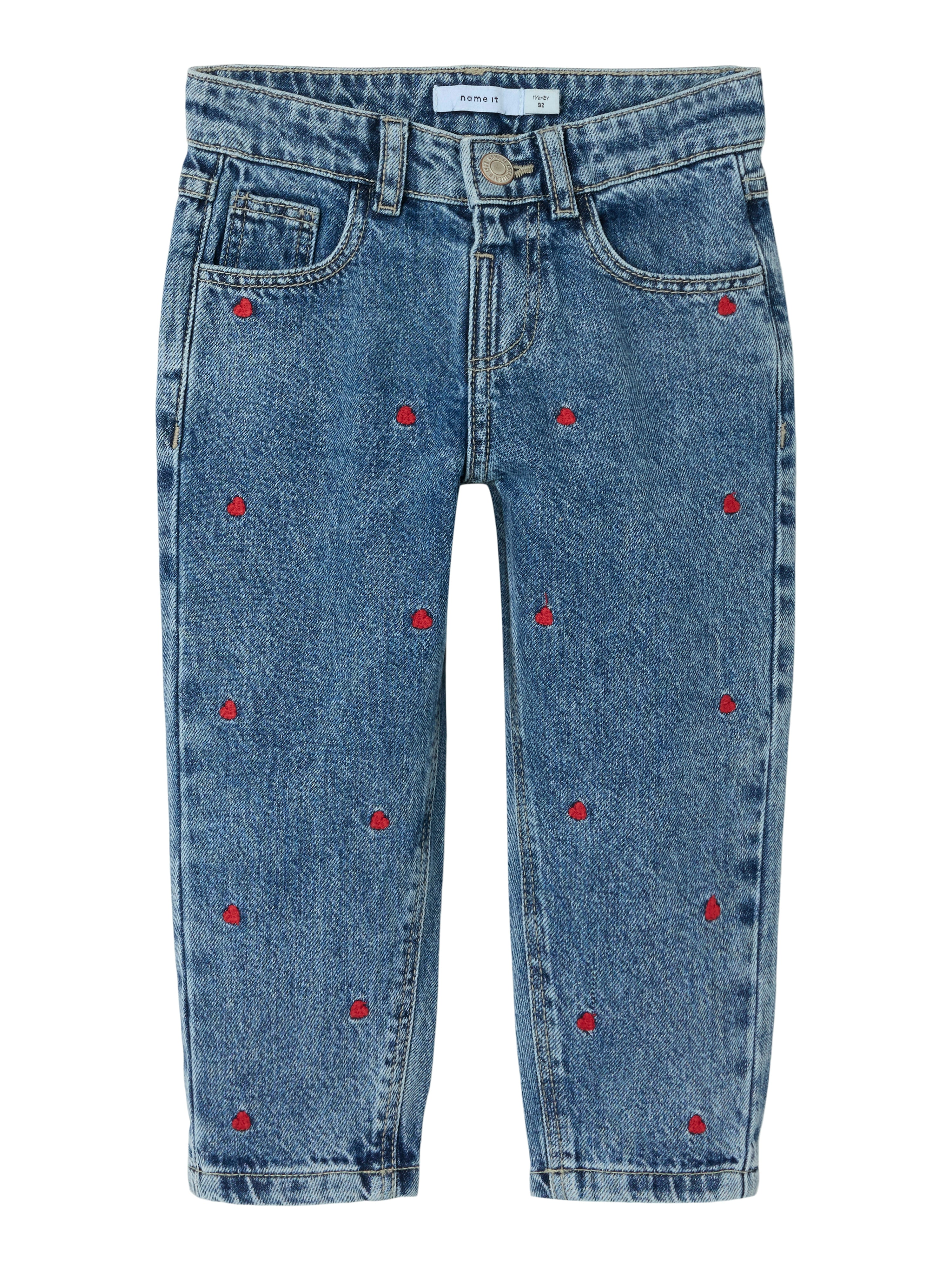 Name It Bella Mom Jeans – Mørkeblå med Røde Hjerter til Børn
