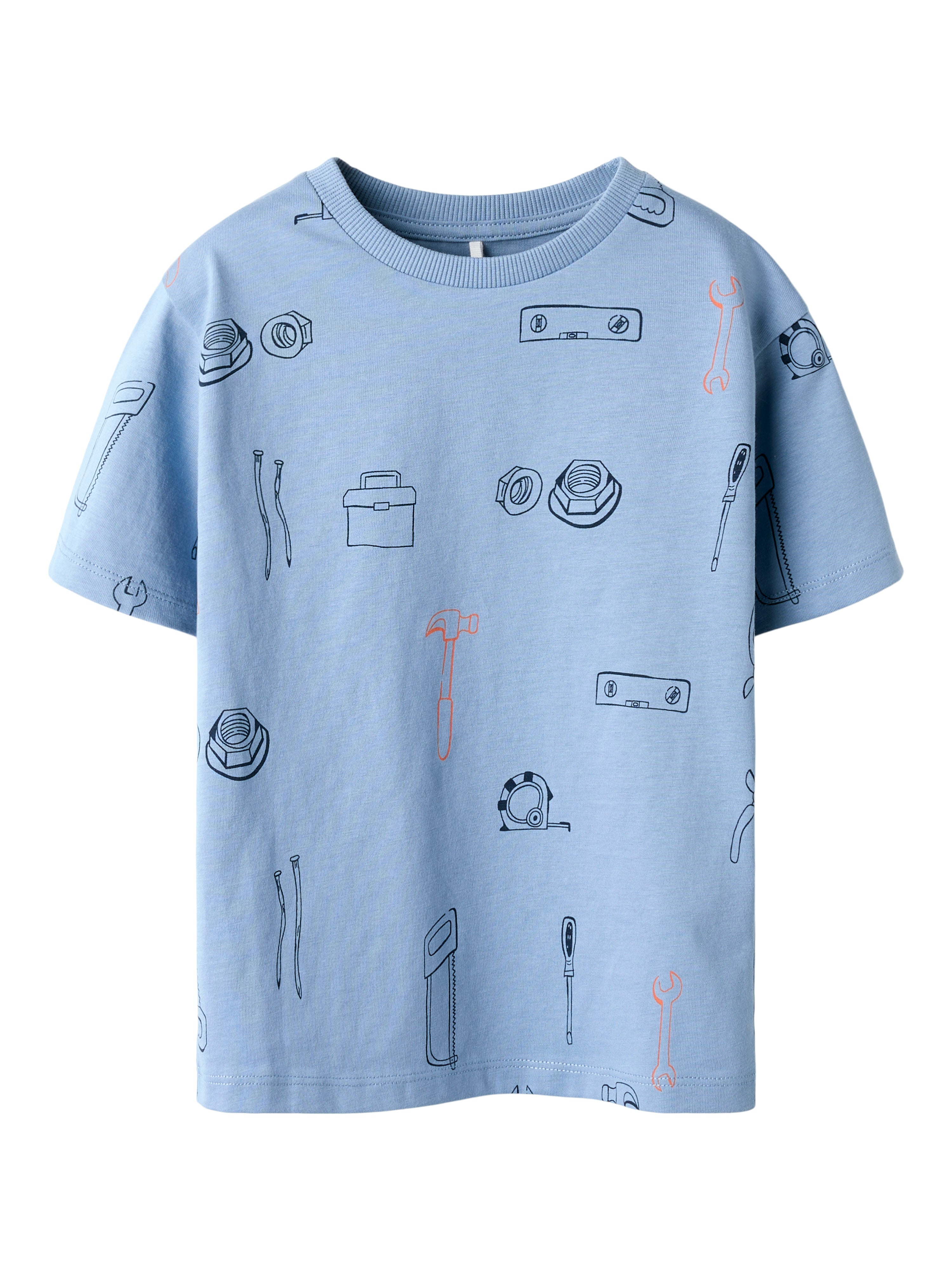 Name It Huxi T-shirt – Faded Denim med sjovt værktøjsprint