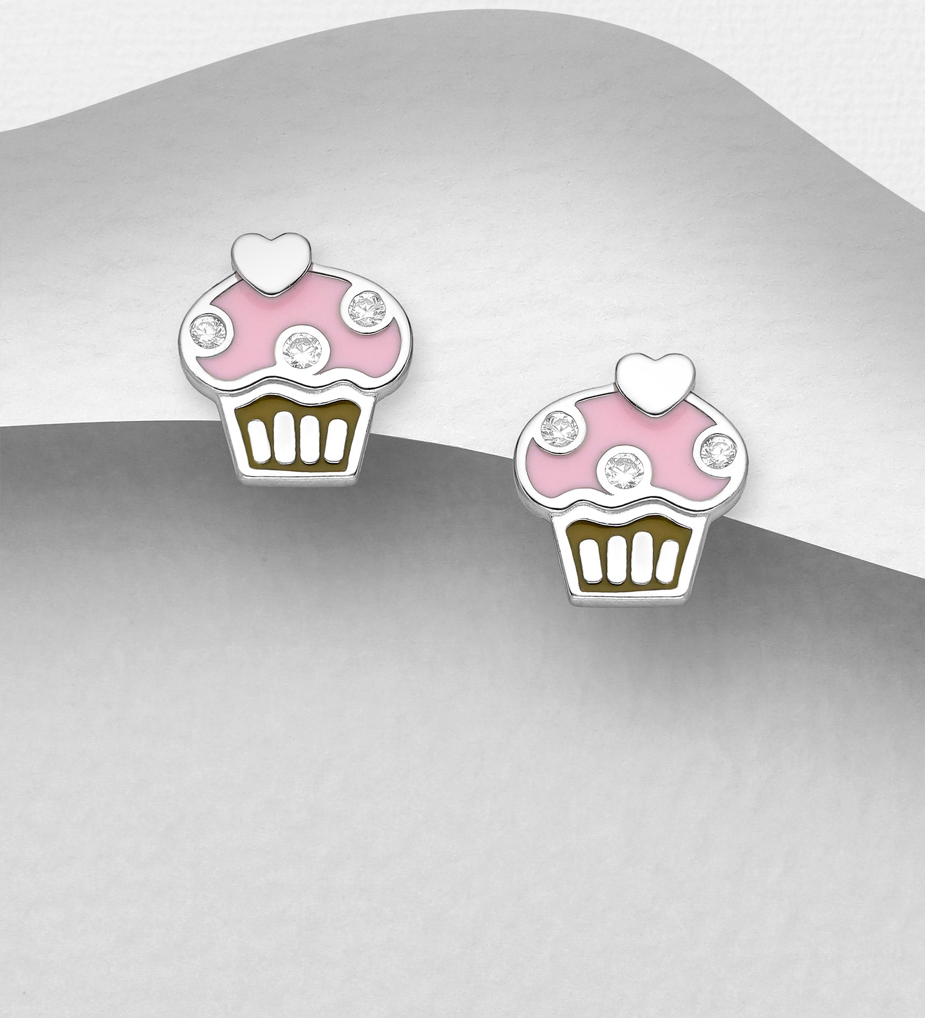 Sølv Ørestikker med Lyserød Cupcake og Hjerte - Gaveidé